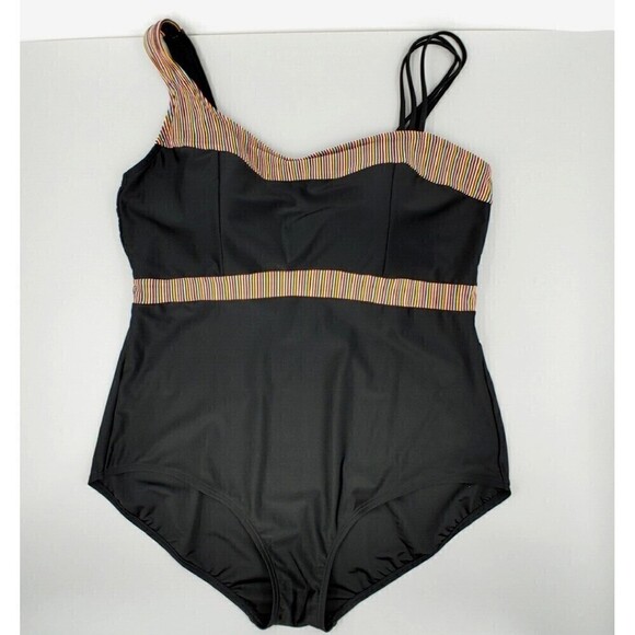 Ulla Popken Swimsuit Womens 28 Black Rainbow Stripe Strap Front Self-Bra Lined - Picture 8 of 14